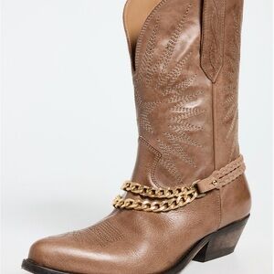Brown Leather Cowboy Boots with Chain Detail